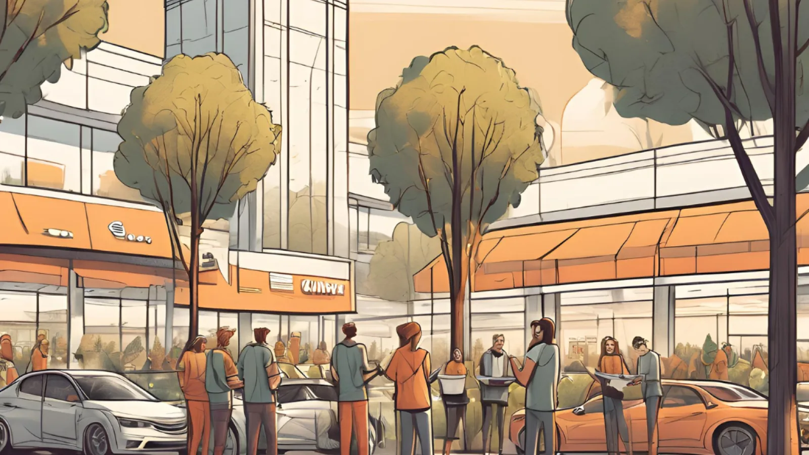 Illustration Menschen Autos Bäume