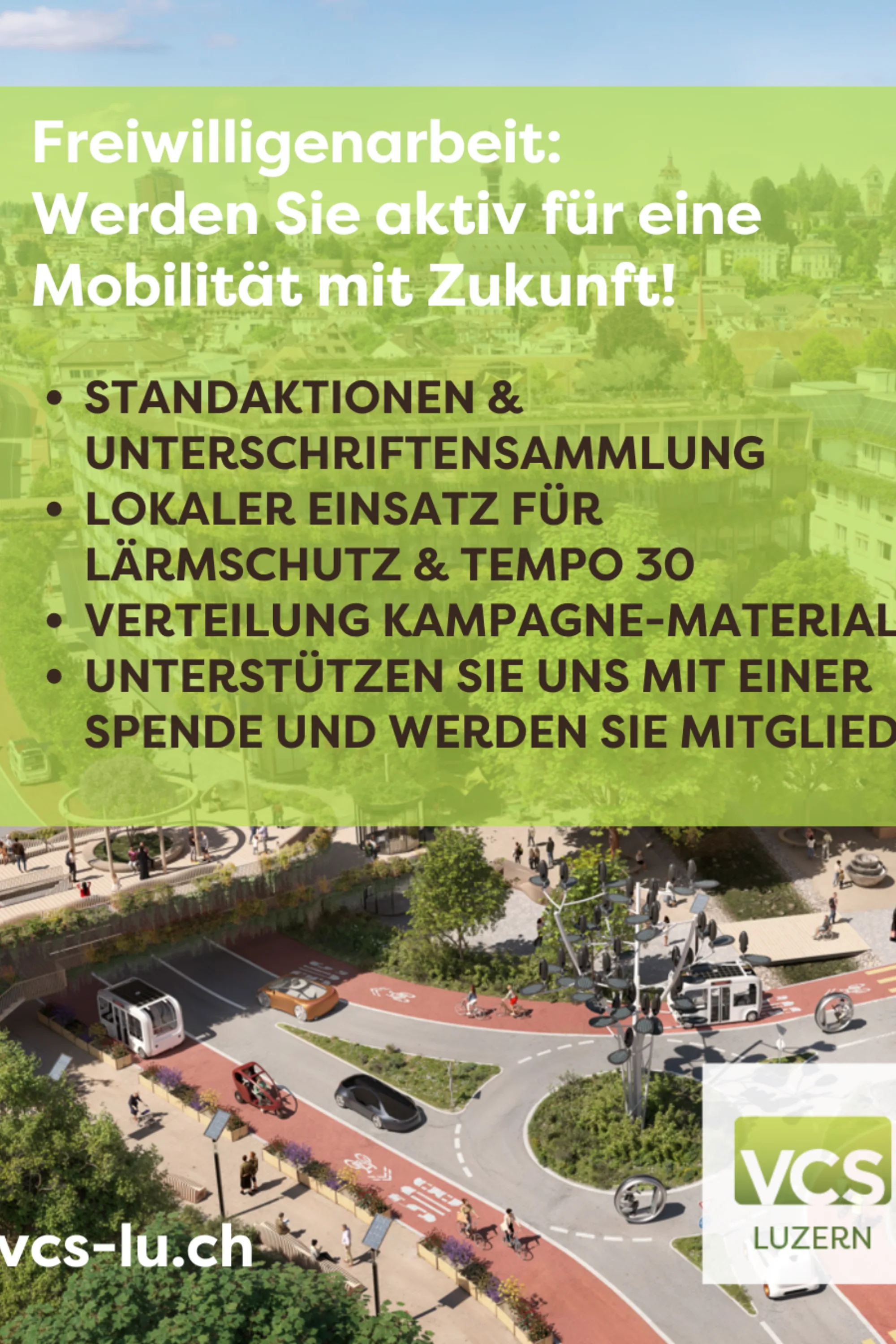 Freiwilligenarbeit, nachhaltige Mobilität, Lärmschutz, Tempo 30