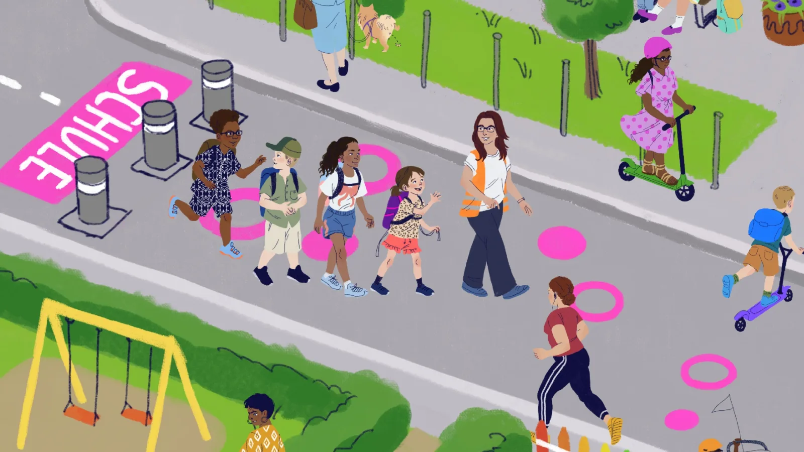 Illustration Kinder auf einer Schulstrasse